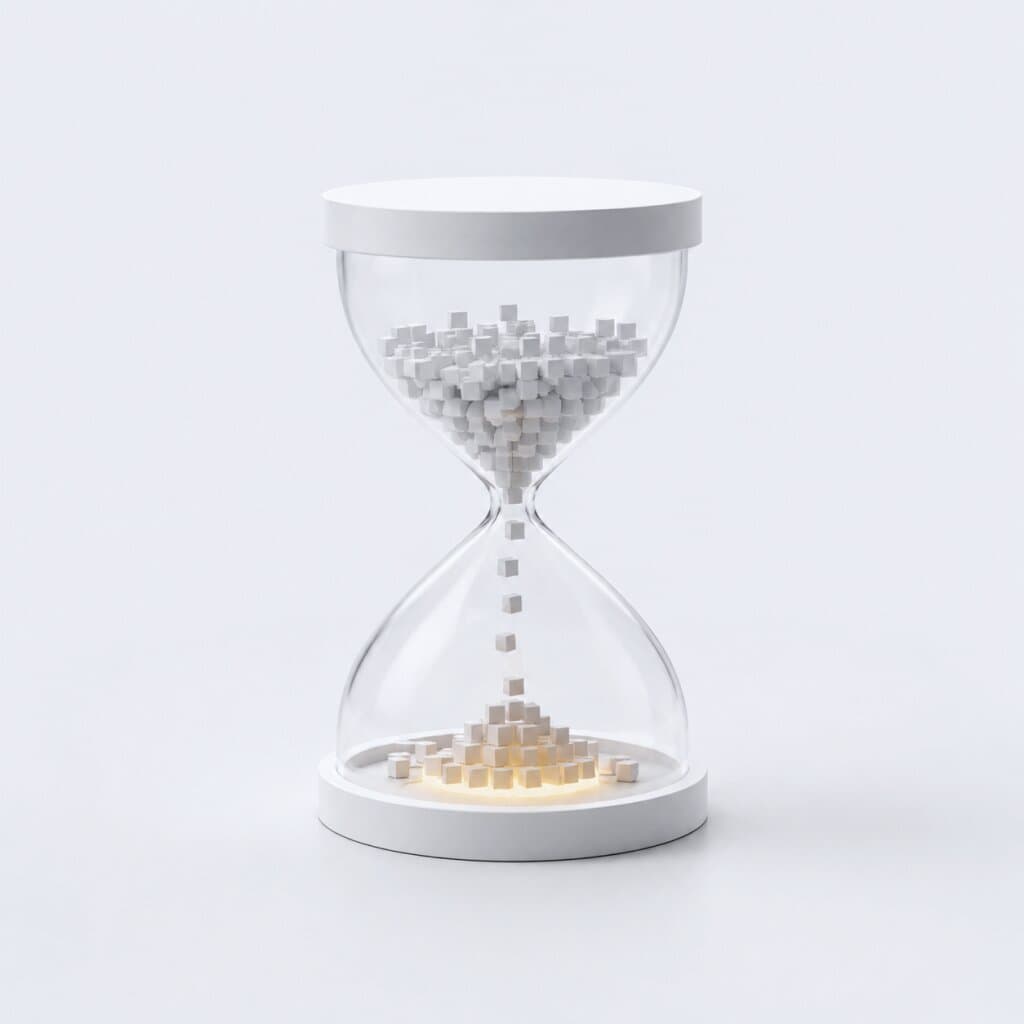 3D-Illustration einer Sanduhr, deren Sand abläuft