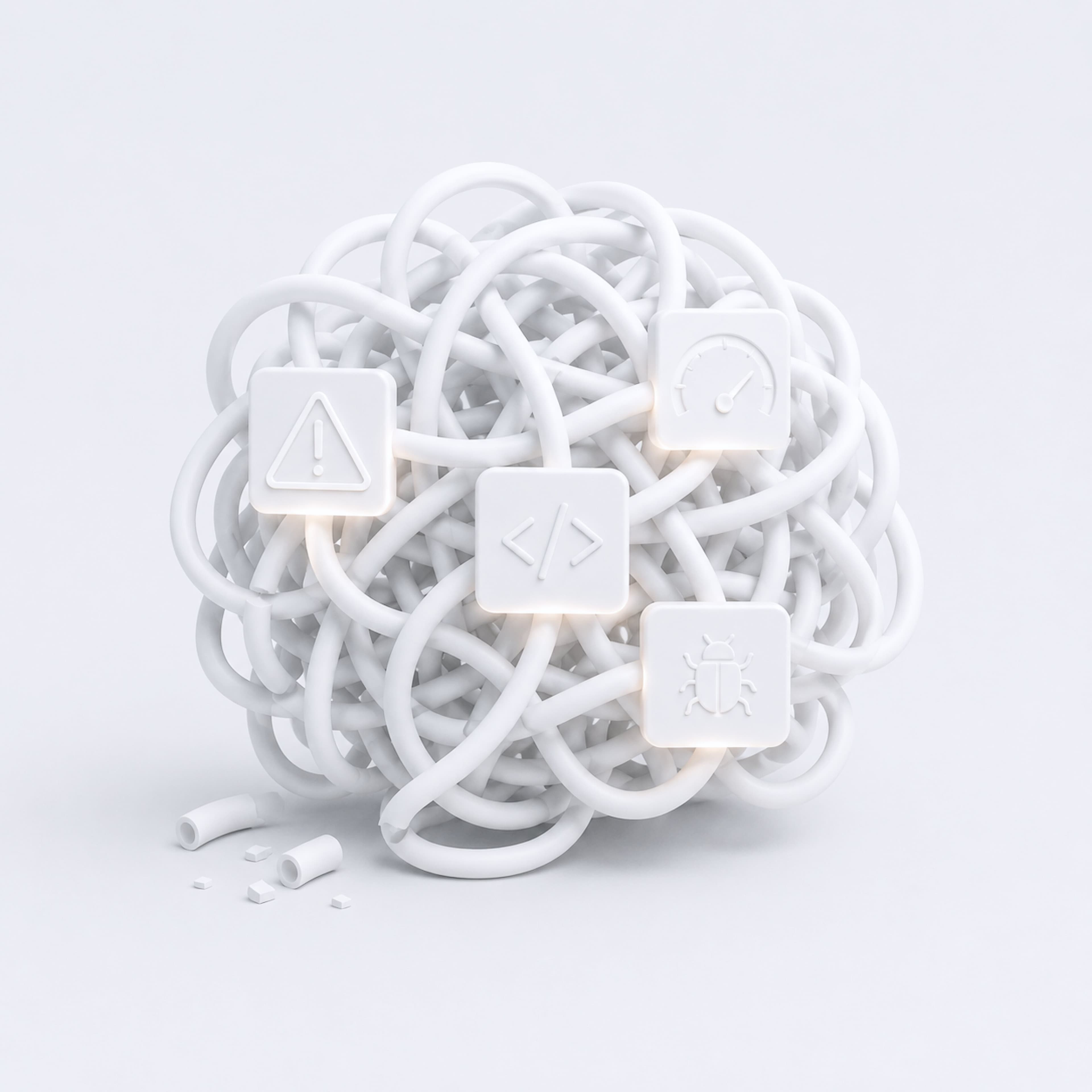 3D-Illustration eines verknoteten Bündels weißer Kabel