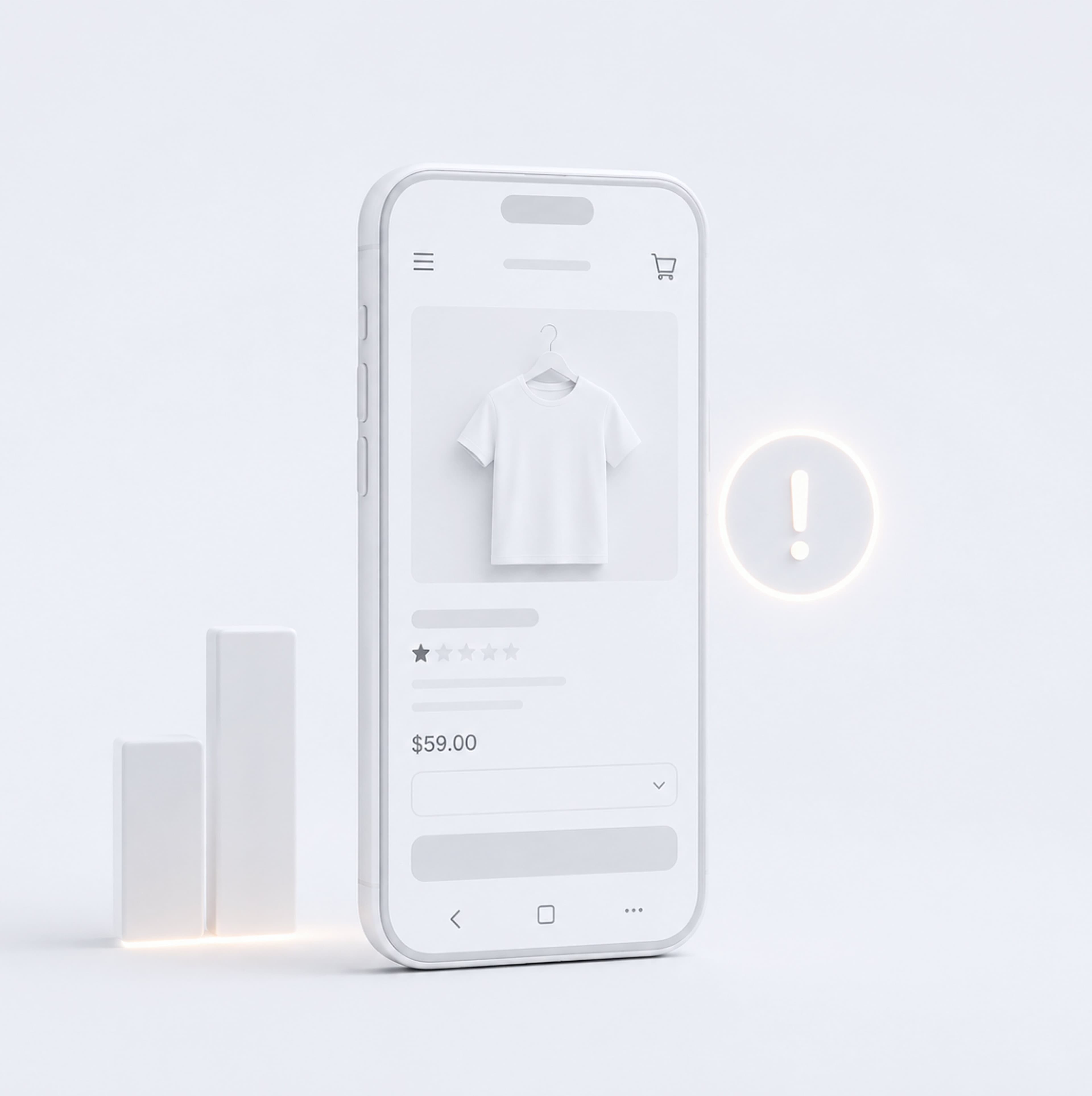 3D-Illustration eines Smartphones mit der Produktseite eines Onlineshops und einem Warnsymbol