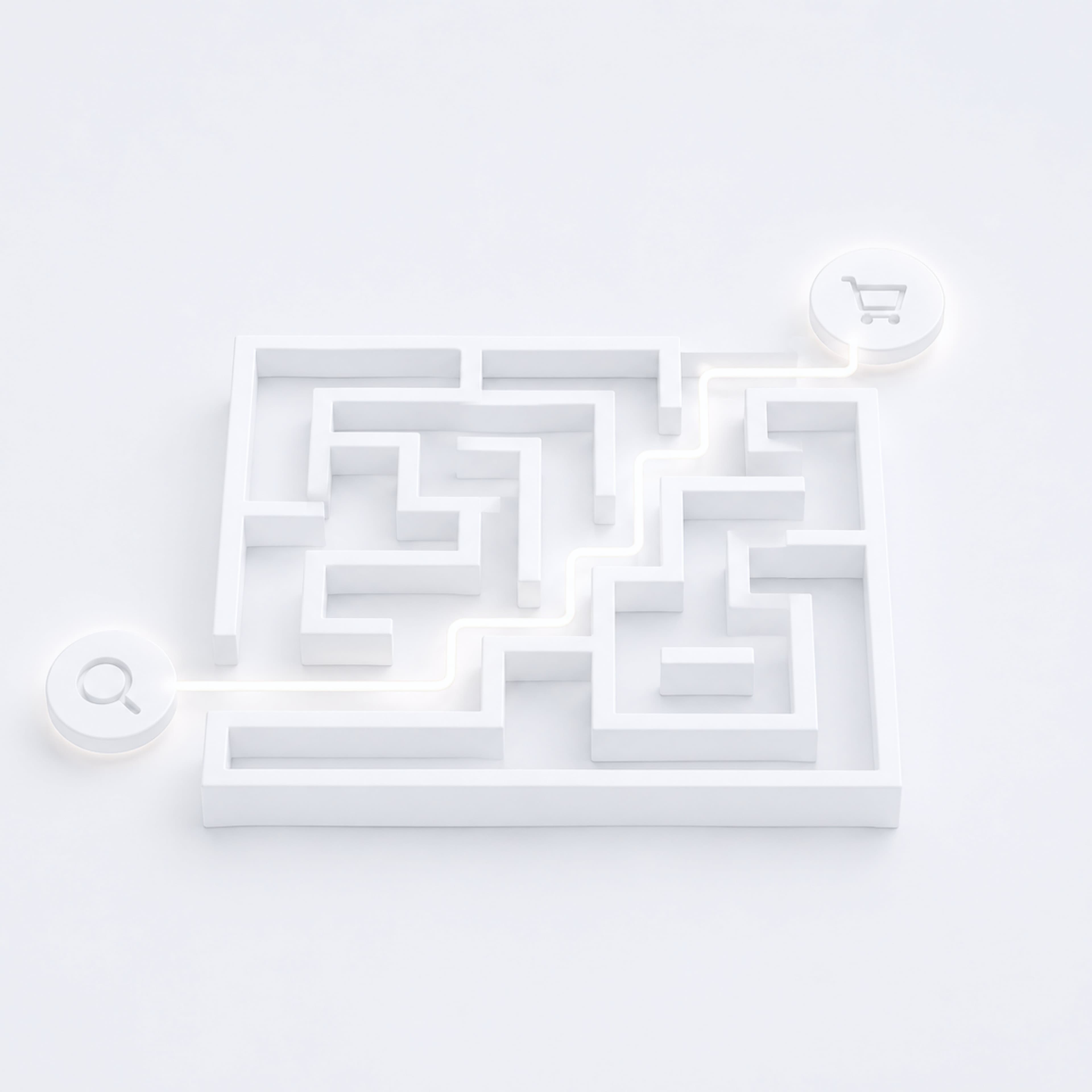 3D-Illustration eines Labyrinths mit einer Lupe auf der Suche nach dem Weg