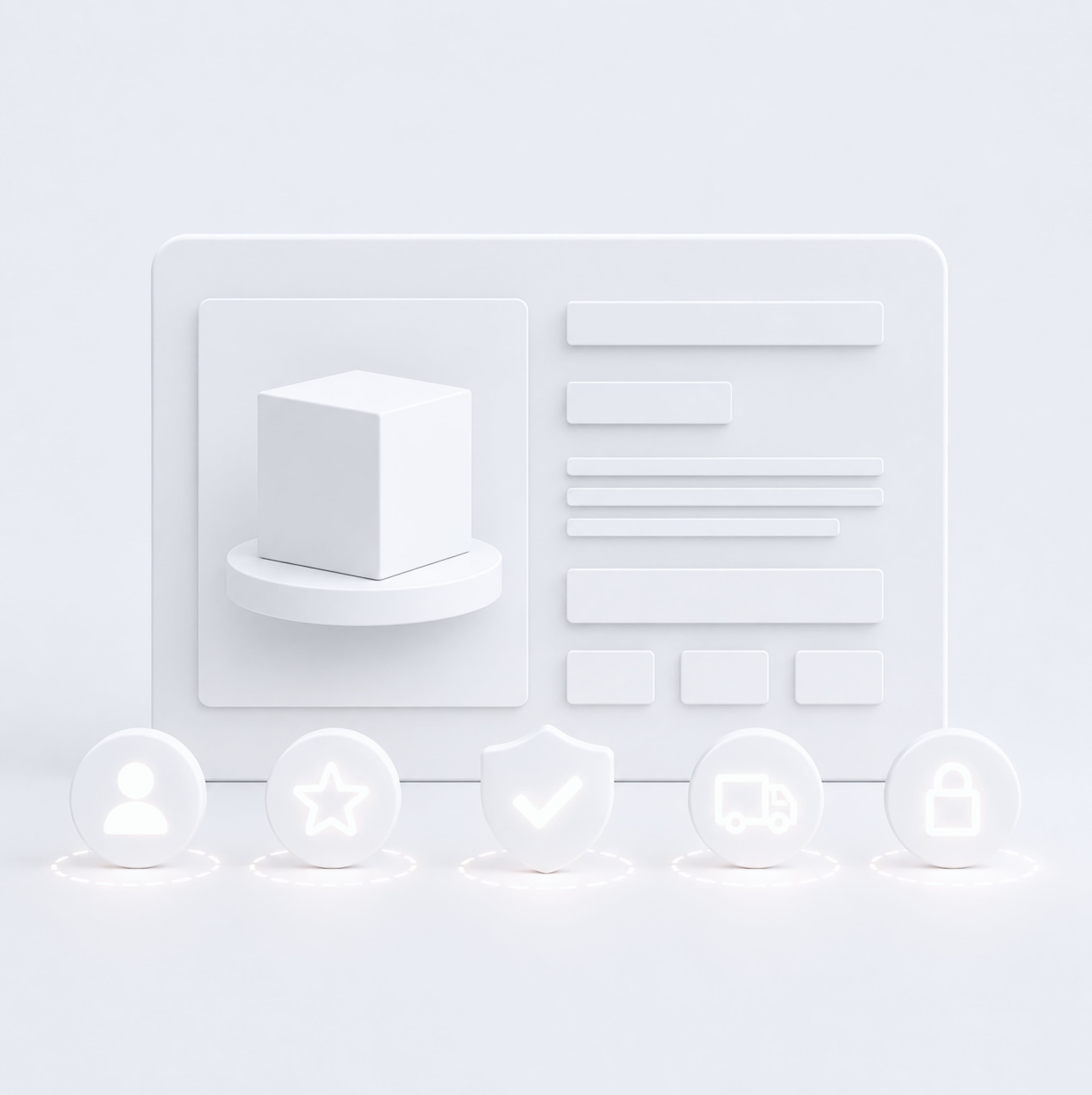 3D-Illustration eines Produktseiten-Layouts mit schwebenden Content-Karten