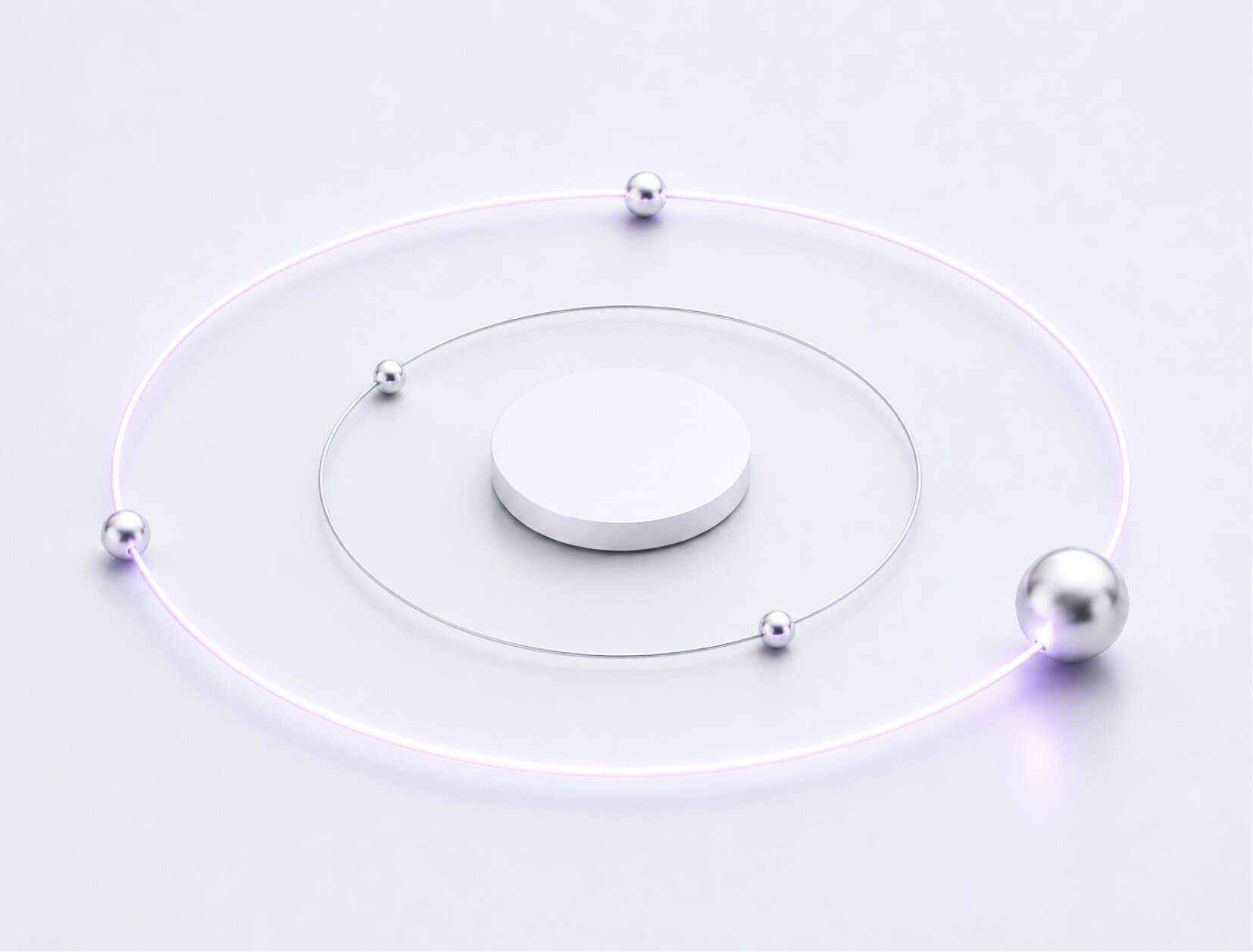 3D-Illustration von Kugeln, die eine zentrale Scheibe umkreisen