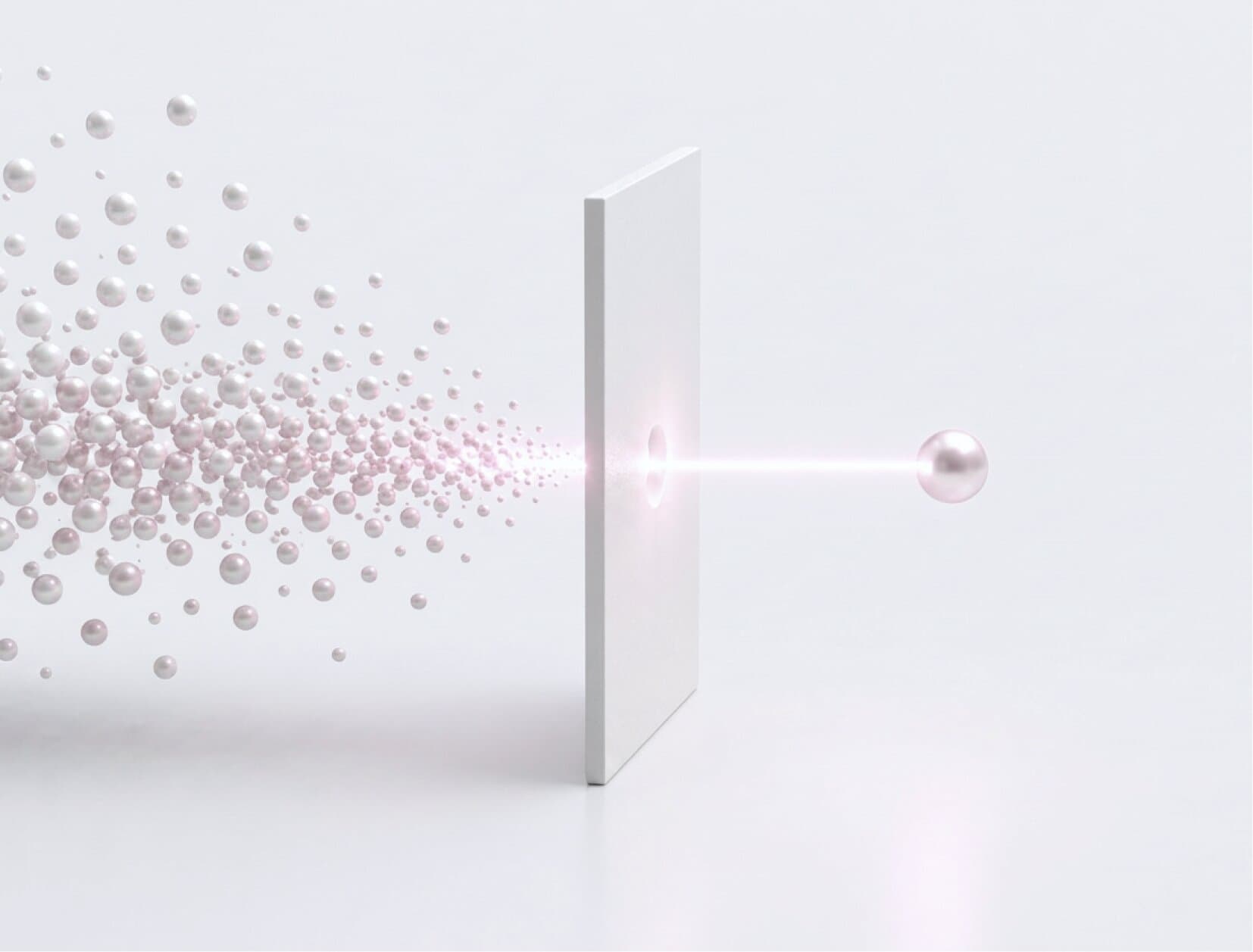 3D-Illustration verstreuter Partikel, die sich durch ein Panel zu einem Strahl bündeln