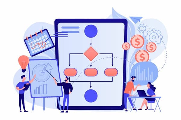 Illustration: Team plant einen Ablauf auf einem Tablet, daneben Kalender, Diagramme und Münzen