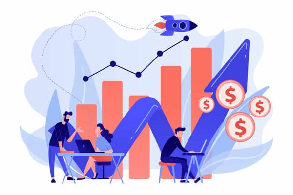 Illustration: Team am Laptop vor einem steigenden Balkendiagramm mit Rakete und Dollar-Münzen