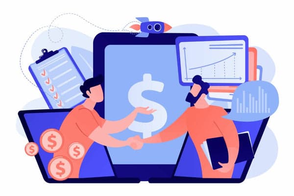 Illustration: Handschlag zwischen zwei Personen vor Bildschirmen mit Dollar-Zeichen, Checkliste und Umsatzdiagramm