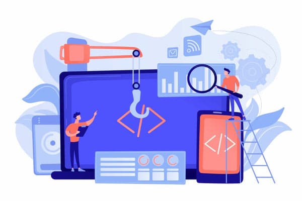 Illustration: Entwickler bauen an einem Shop - Code-Zeichen auf Monitor und Smartphone, dazu Kran, Lupe und Zahnräder