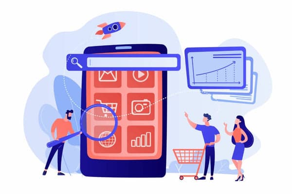 Illustration: großes Smartphone mit Suchleiste und App-Raster, davor Kunden mit Einkaufswagen und Lupe