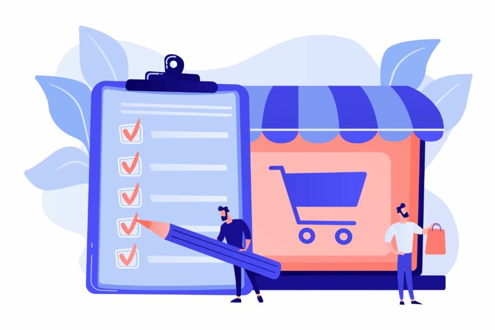 Flache Illustration: ein Händler hakt eine Checkliste ab, daneben ein Onlineshop mit Warenkorb und ein Kunde.