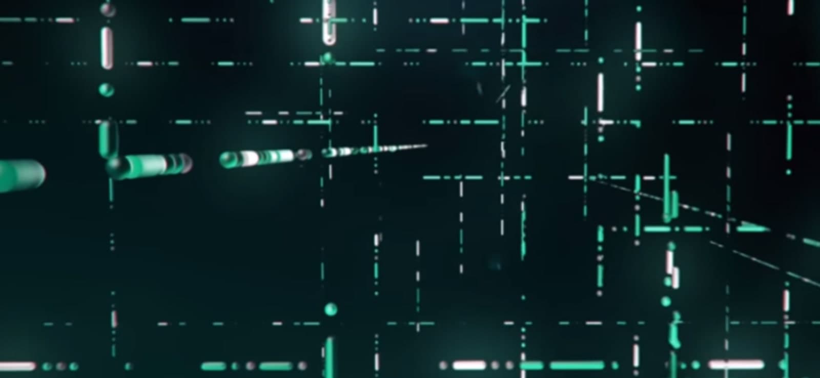 Abstrakte dunkelgrüne Grafik aus gestrichelten Linien und leuchtenden Kapseln, Key Visual der Shopify Unite 2021.