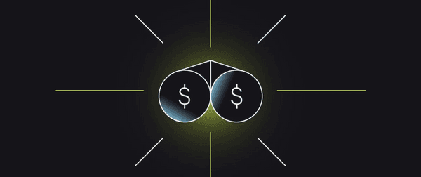Zwei überlappende Kreise mit Dollar-Zeichen, umgeben von Strahlen - das Key Visual von Shopify Audiences