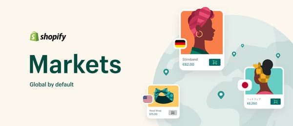Key Visual von Shopify Markets: Produktkarten mit deutscher, US- und japanischer Flagge und Preisen in Euro, Dollar und Yen