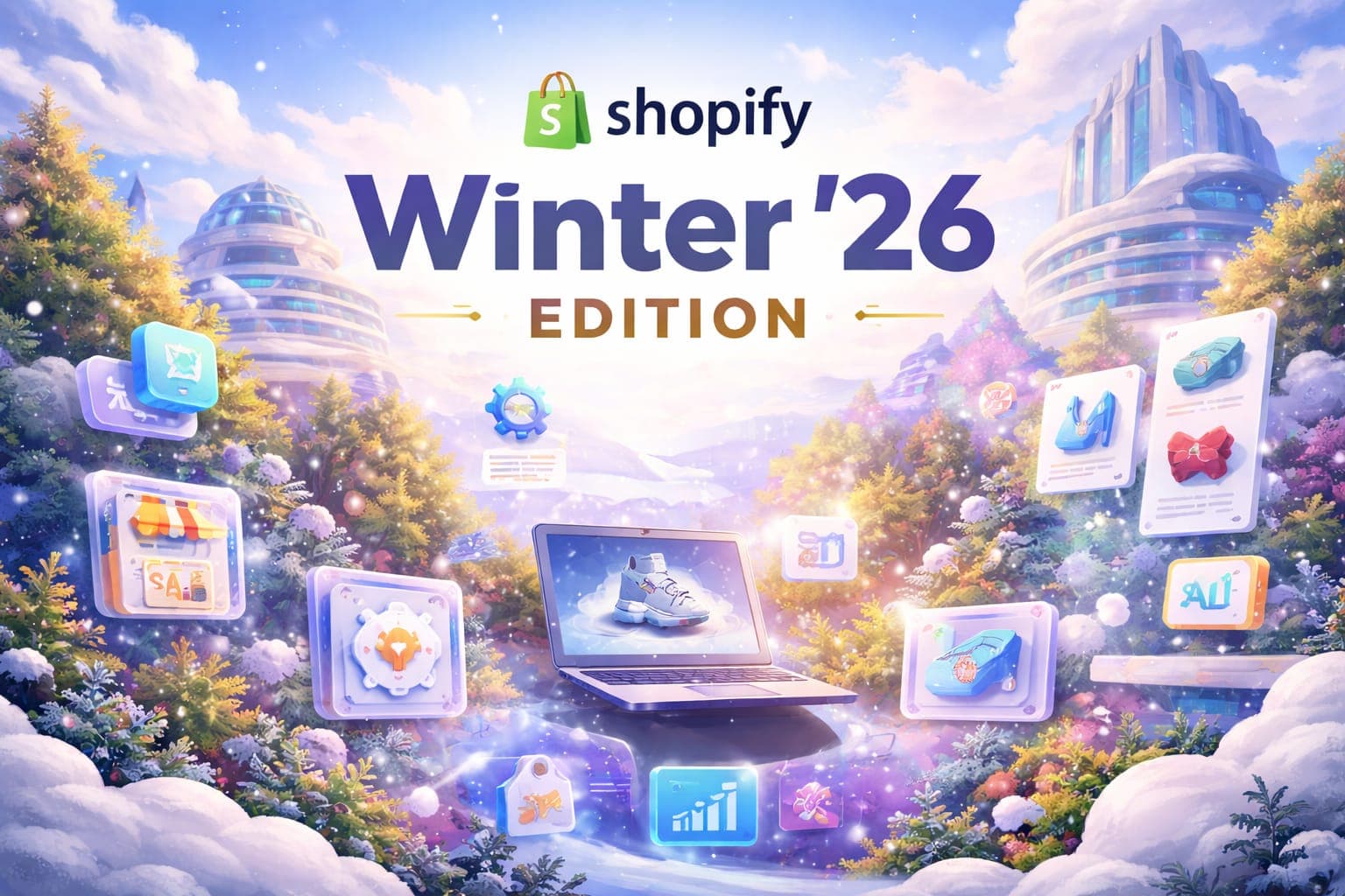 Illustrierte Winterlandschaft mit Shopify-Logo, „Winter ’26 Edition“ und schwebenden Storefront- und Produktkarten.
