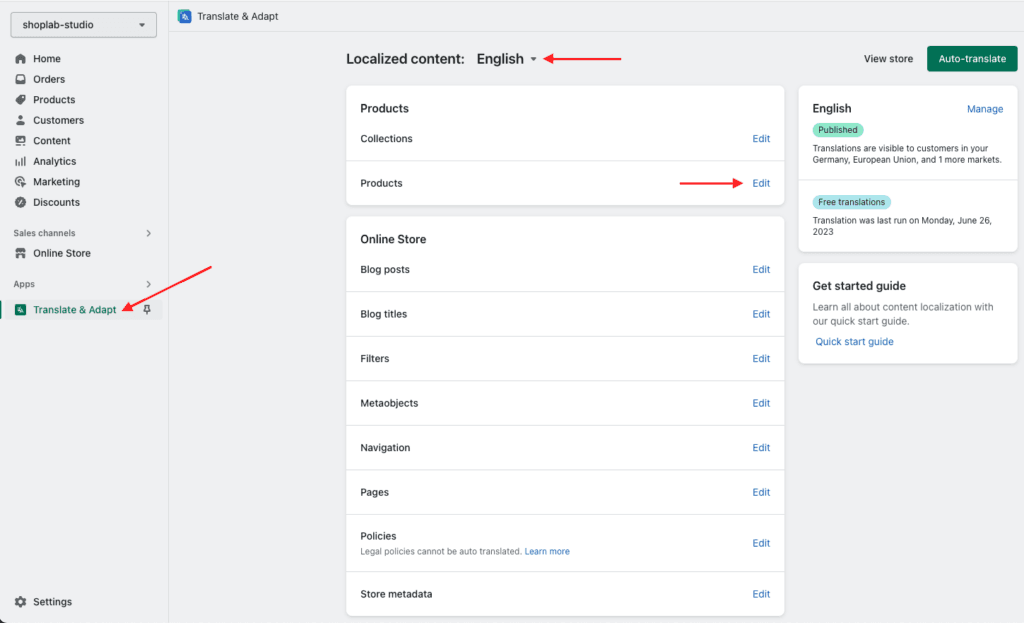 „Translate & Adapt“ im Shopify-Admin: oben ist die Sprache „English“ ausgewählt, in der Liste ist der Bereich „Products“ zum Bearbeiten markiert