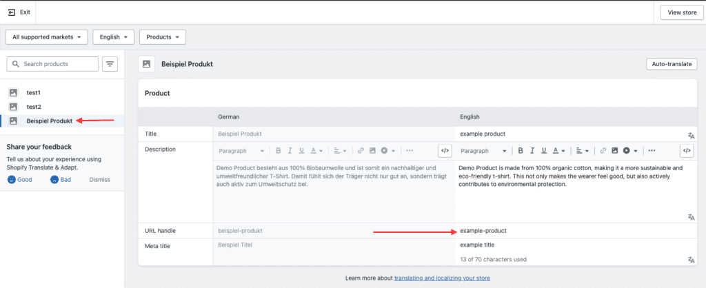 Übersetzungsansicht eines Beispielprodukts in Translate & Adapt: links die deutsche Quelle, rechts die englische Übersetzung, das URL-Handle steht auf „example-product“