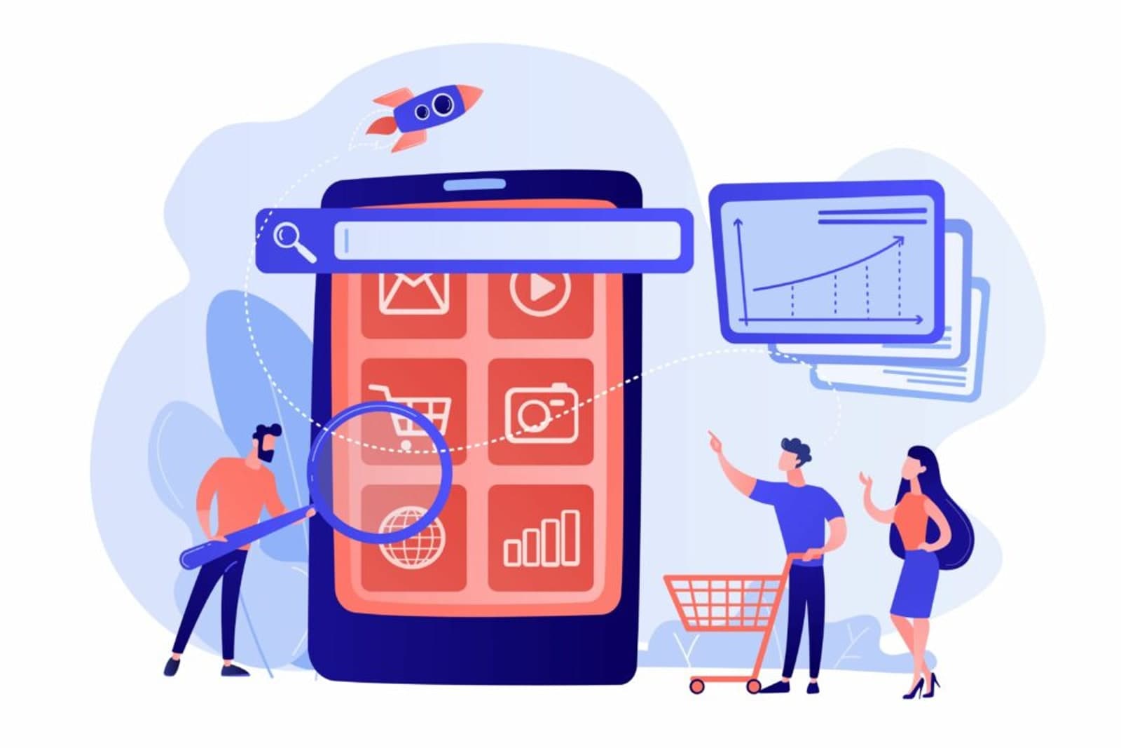 Flache Illustration: Suchleiste über einem Shop auf dem Smartphone, eine Lupe daneben und eine steigende Kurve.
