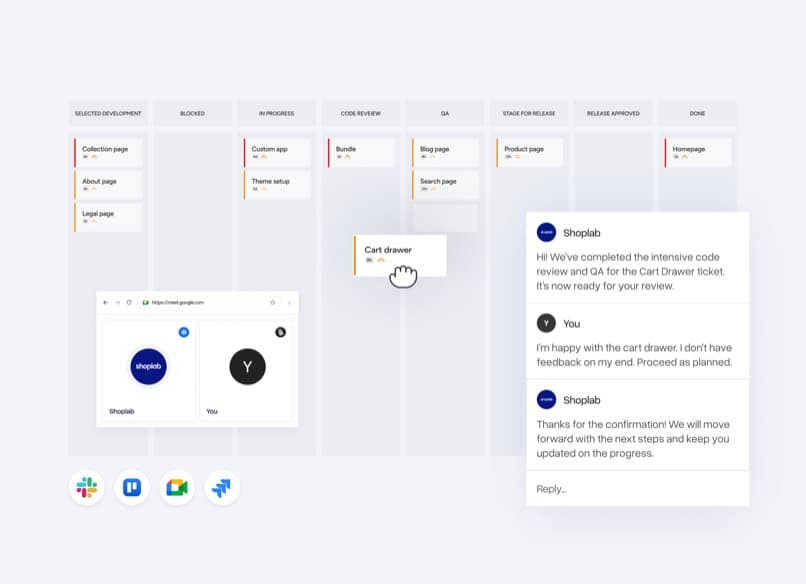 Projektboard mit Designphasen und Feedback-Nachrichten des Kunden
