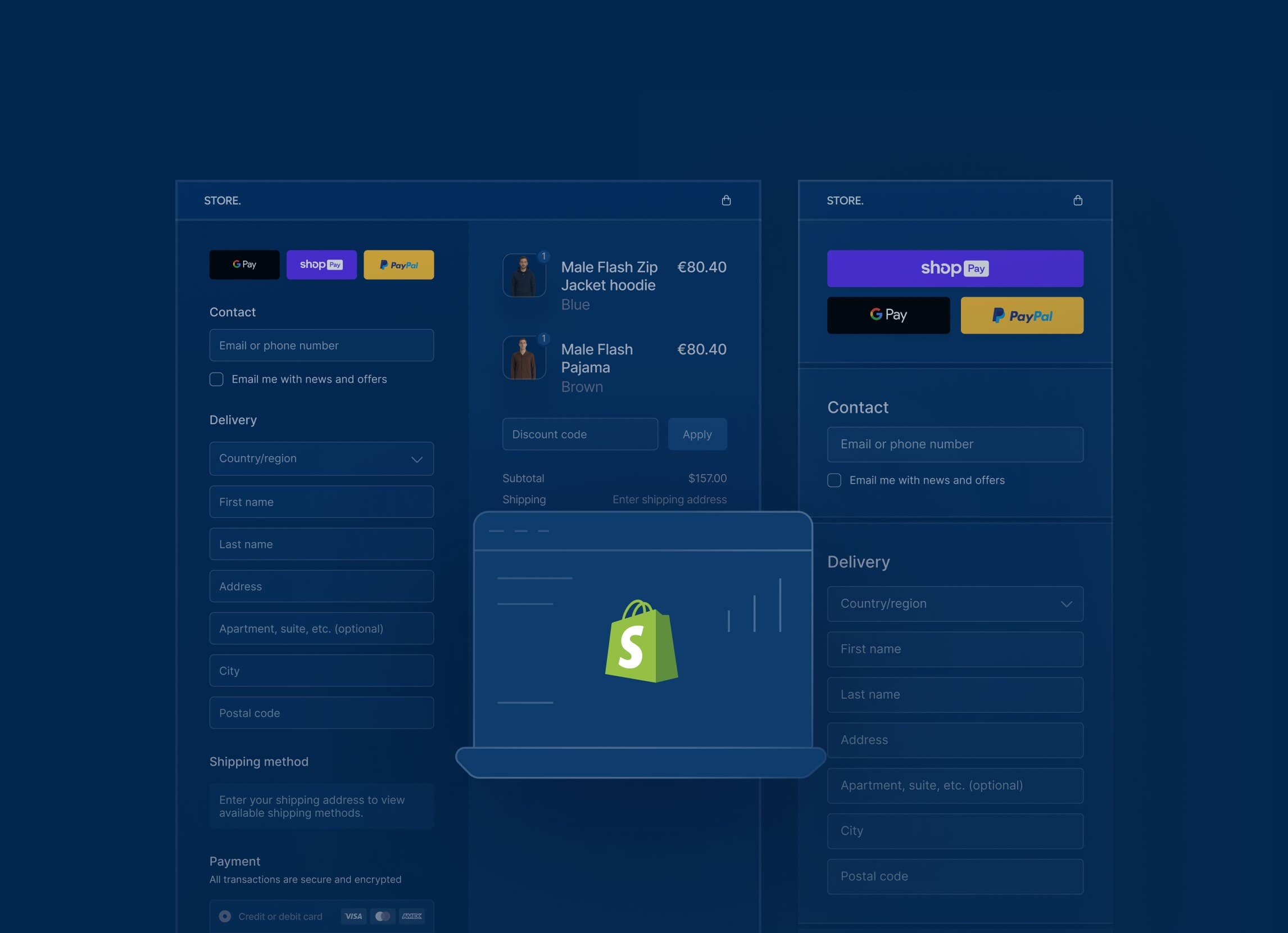 Shopify-Checkout-Screens mit Shop Pay, PayPal und One-Click-Zahlungsoptionen