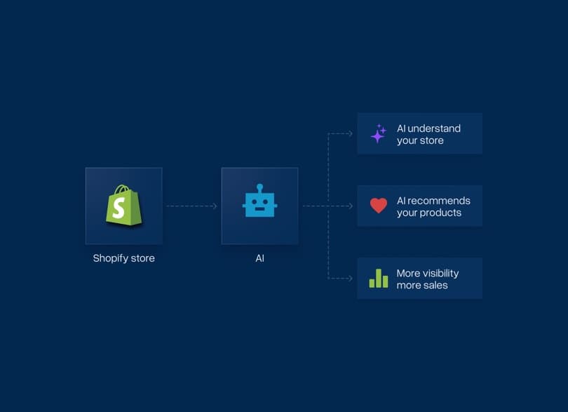 Diagramm eines Shopify Stores, verbunden mit AI-Empfehlungs- und Sichtbarkeits-Ergebnissen
