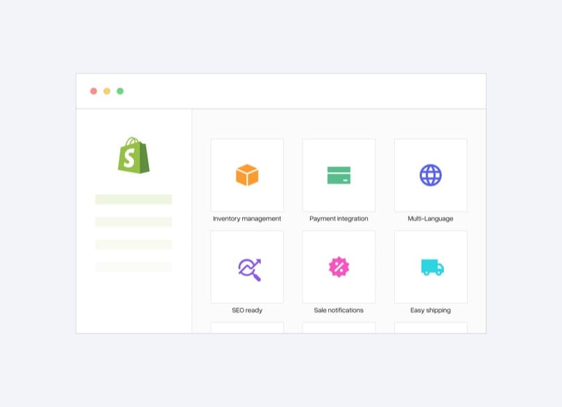 Shopify-Admin, umgeben von Icons für Payment-, Sprach-, SEO- und Versand-Module