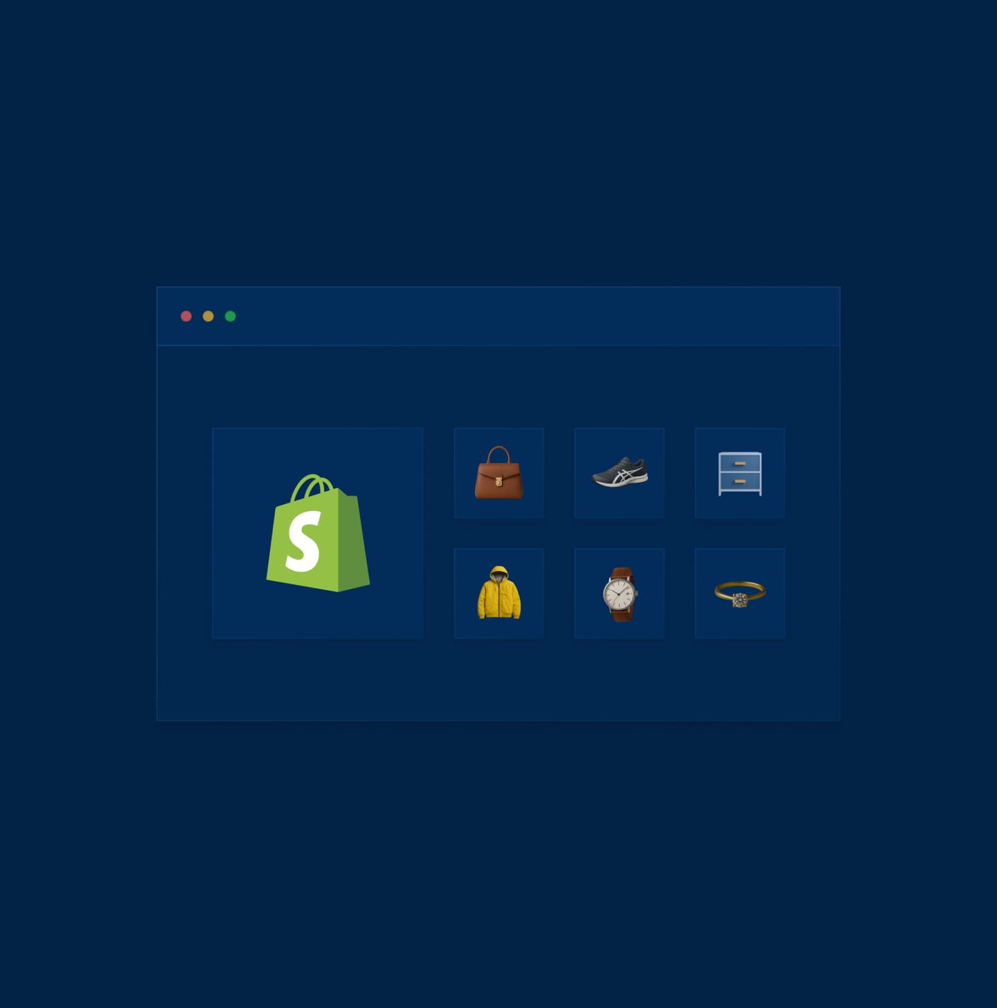 Shopify-Admin-Mockup, das den Storefront neben Produkt-, Bestell- und Merchandising-Tools zeigt