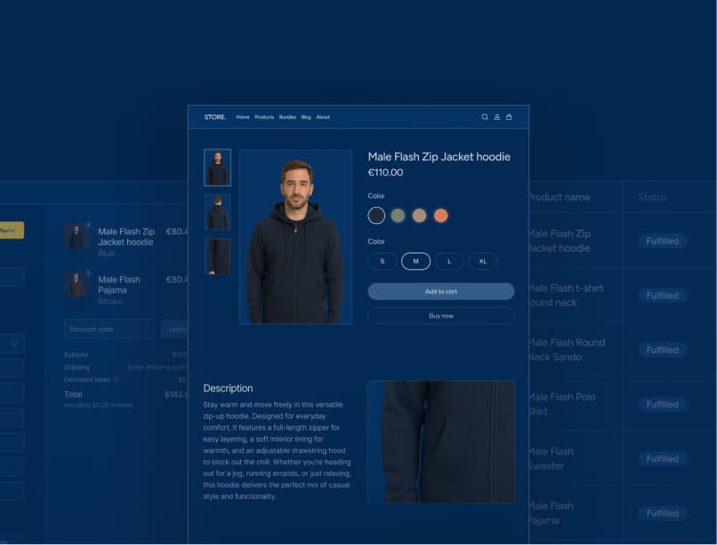 Shopify-Produktseite mit Variantenoptionen und App-Erweiterungen