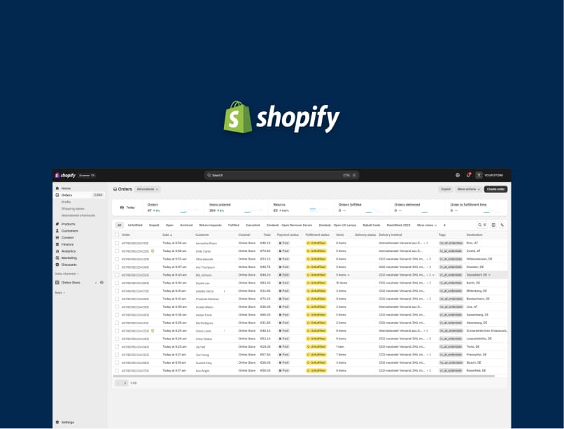 Shopify-Admin-Dashboard mit einer Liste der Bestellungen eines Shops
