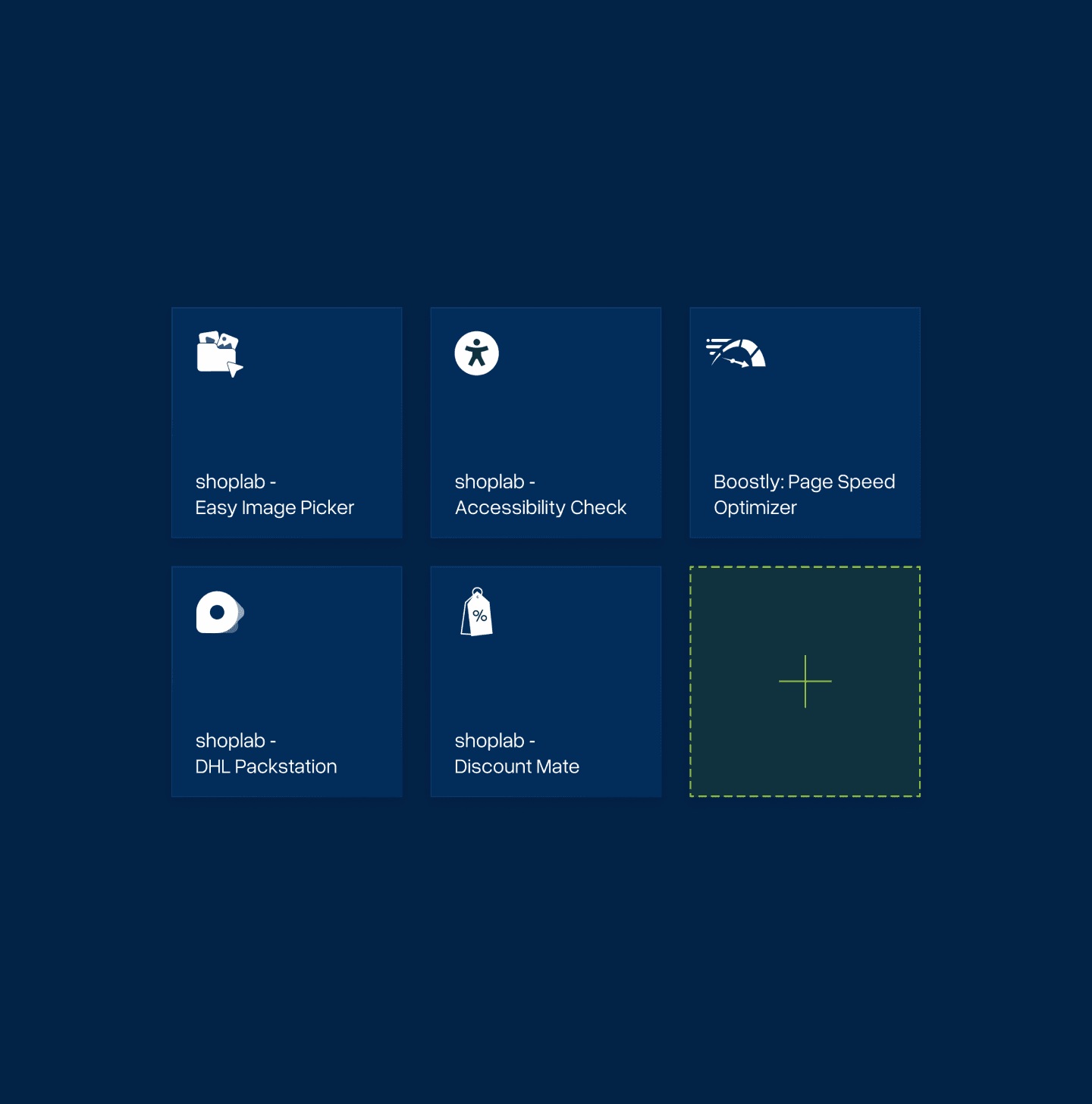 Ein Raster von shoplab-entwickelten Shopify Apps: Easy Image Picker, Accessibility Check, Boostly Page Speed, DHL Packstation und Discount Mate