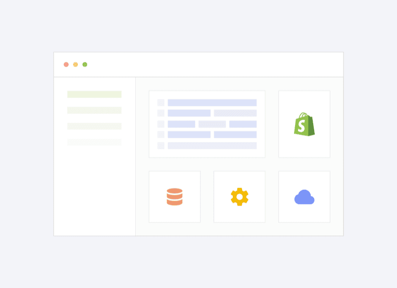 Shopify-Admin-Mockup mit einem eingebetteten Custom-App-Panel neben den Shop-Einstellungen