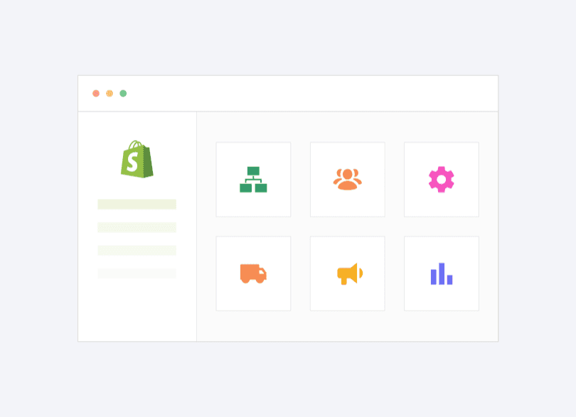 Shopify Store, verbunden mit Integrations-Icons für ERP, CRM, Logistik, Marketing und Analytics