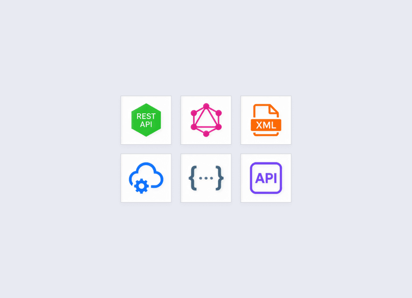Logos der APIs, mit denen wir arbeiten: REST, GraphQL und XML