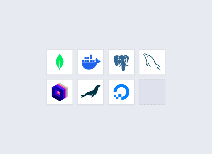 Logos der Datenbanken und Hosting-Dienste, die wir nutzen, darunter MongoDB, PostgreSQL, MySQL, Docker und DigitalOcean
