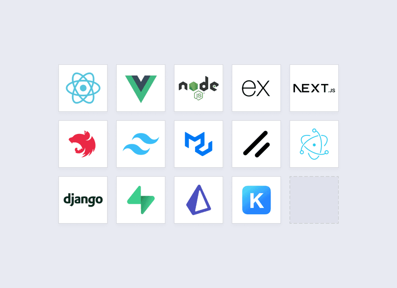 Logos der Frameworks, mit denen wir bauen, darunter React, Vue, Node.js, Express und Next.js