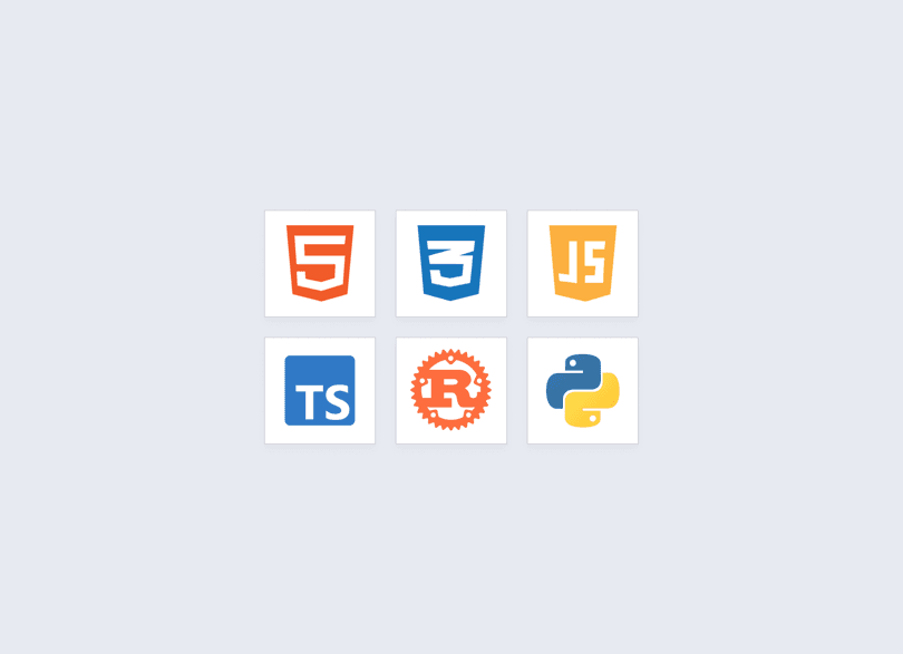 Logos der Sprachen, in denen wir programmieren, darunter HTML, CSS, JavaScript, TypeScript, Rust und Python